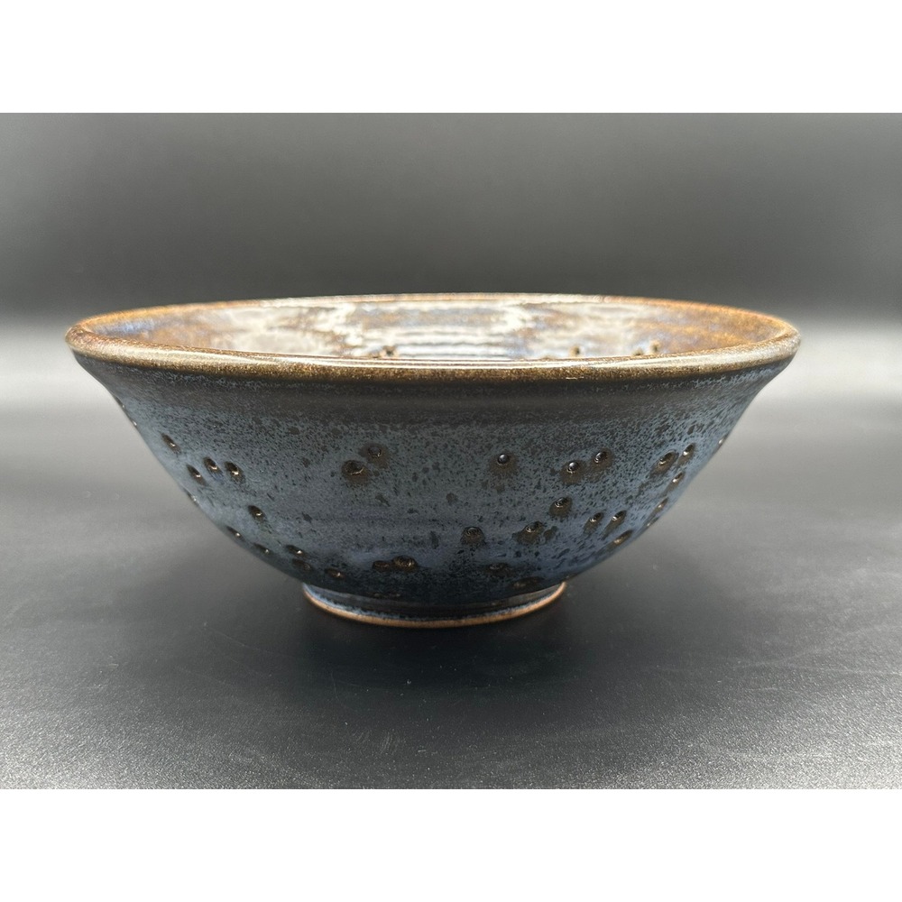 Artist Signed Studio Pottery Berry Bowl Colander Blue Bronze Speckled Stoneware